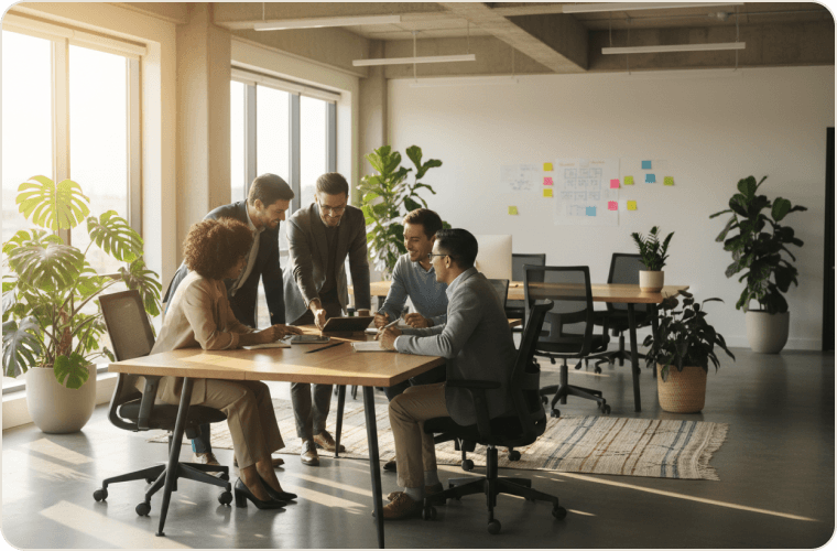 Team reviewing HR outsourcing plans in a modern conference room