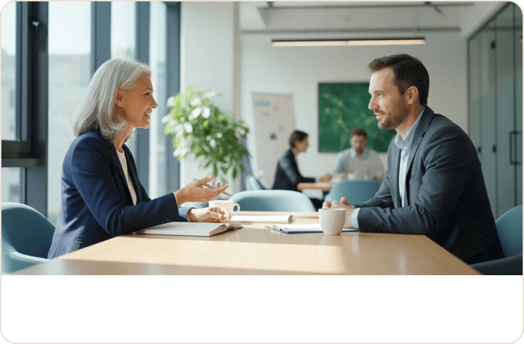 Two colleagues in conversation across a table