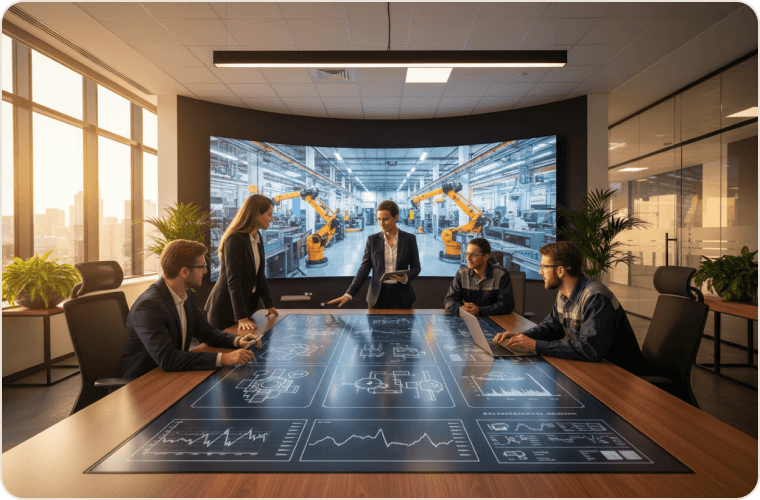 Team reviewing operations data in a modern conference room