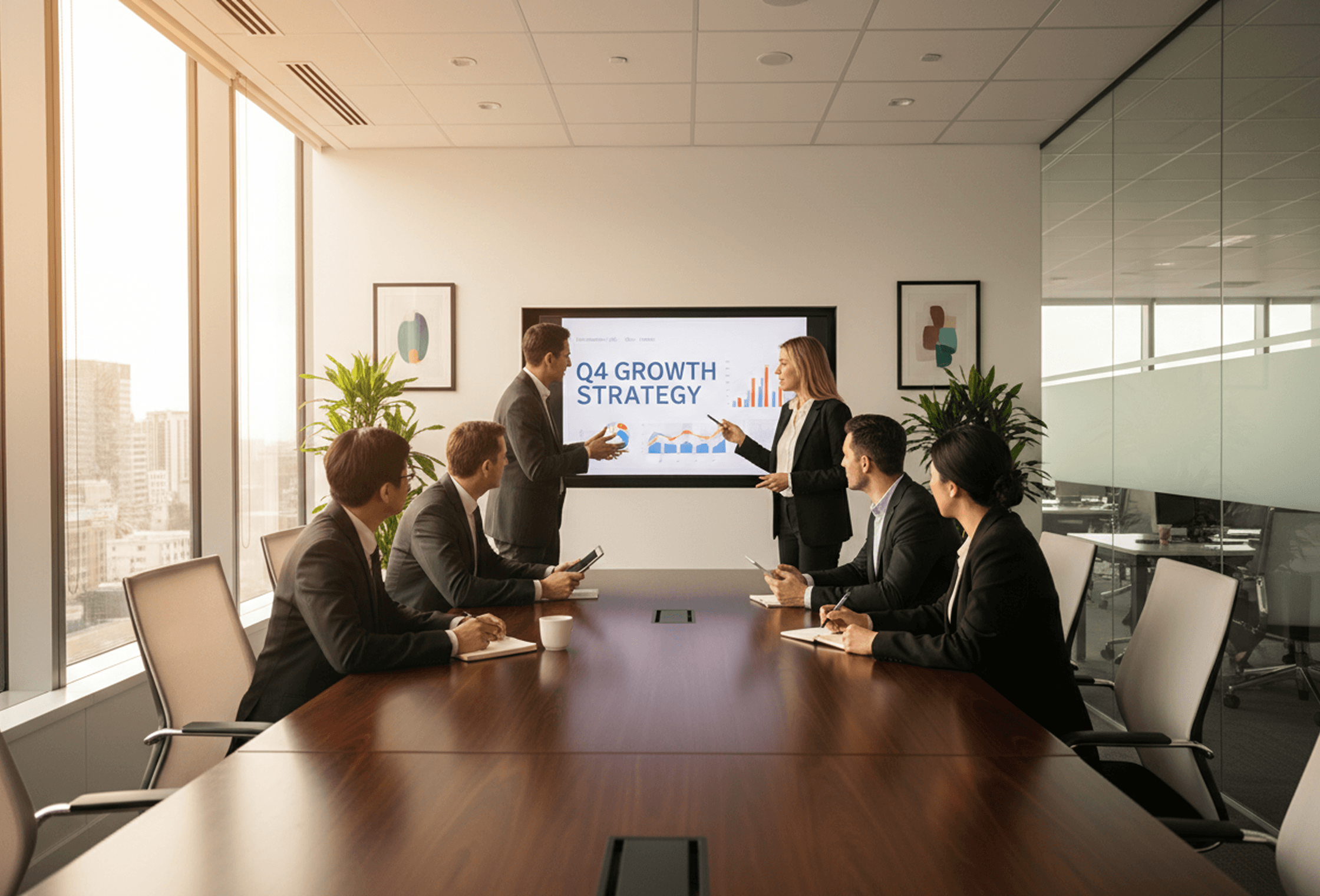 Presenting quarterly growth strategy in a leadership meeting